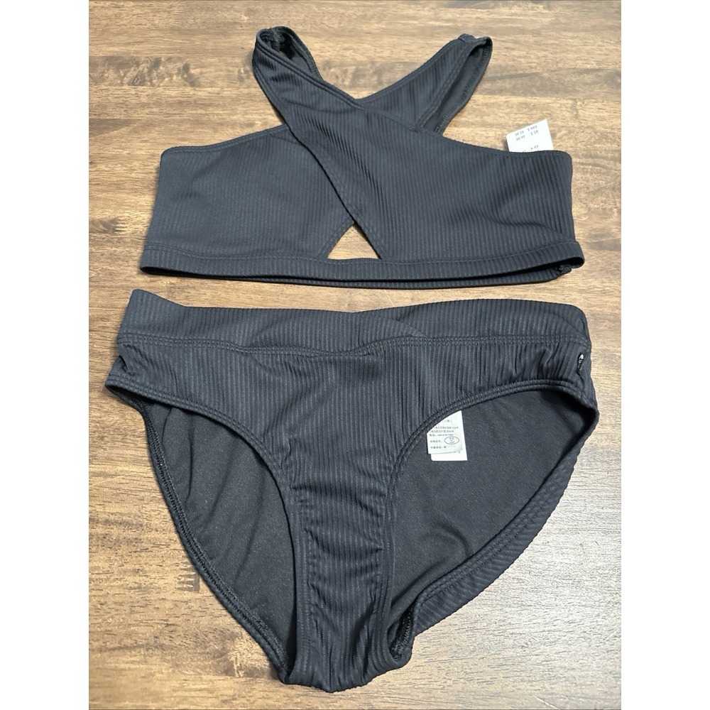 A&F Abercrombie Kids Girls Size 15/16 Black Ribbed 2pc Swimsuit‎ Bikini Set New